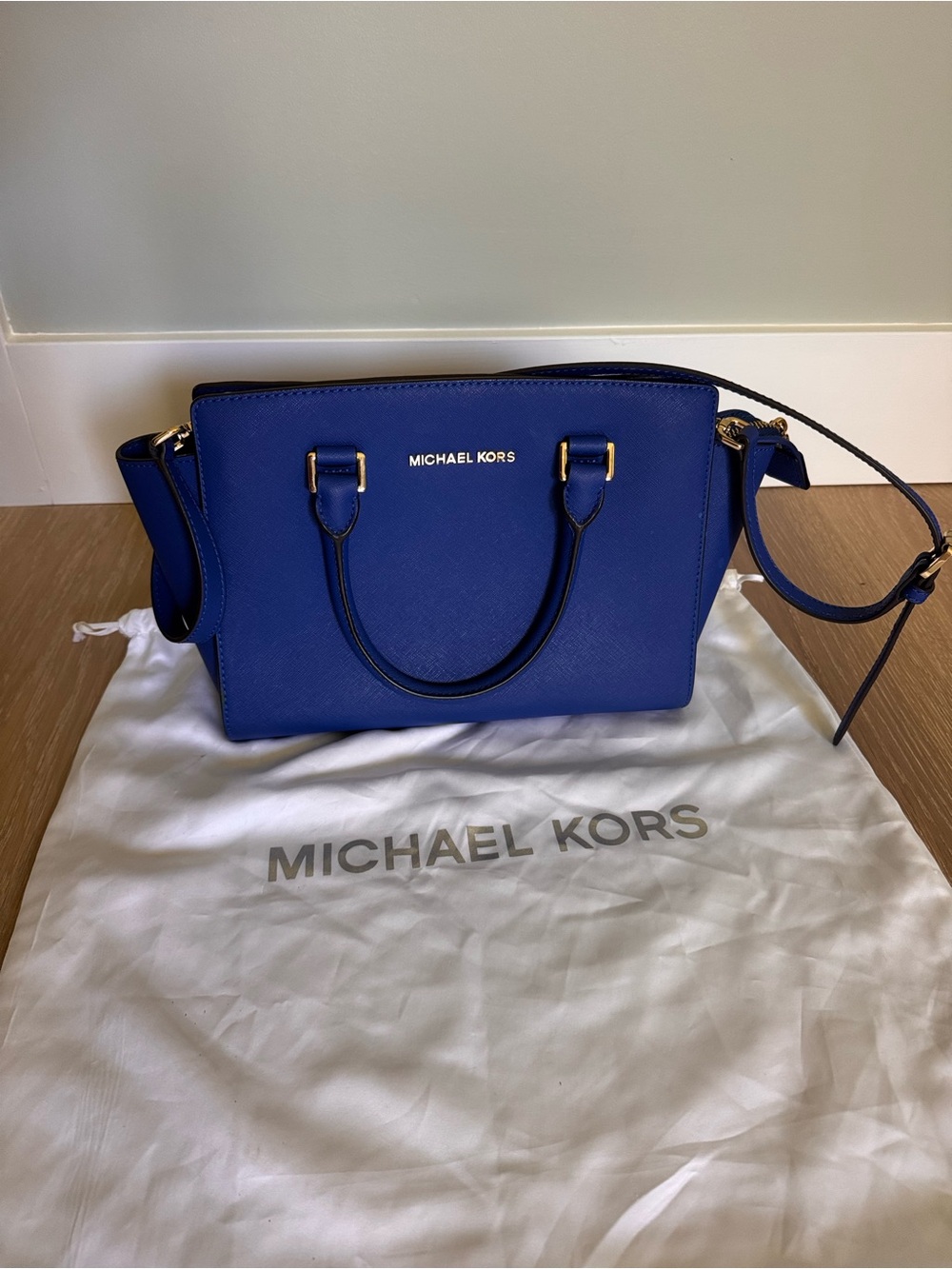 Michael Kors Cobalt Blue Saffiano Leather Satchel with Gold Hardware